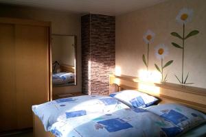 1 dormitorio con cama con almohadas y espejo en Ferienwohnung Riemer en Geisa