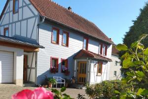 a blue and white house with red windows at Ferienwohnung Riemer in Geisa