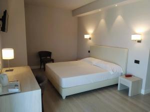 um quarto com uma cama, uma mesa e uma cadeira em Hotel Villa Barsanti em Marina di Pietrasanta