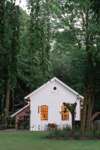 una casa blanca con dos ventanas y un árbol en Gut Moorbeck en Amelhausen