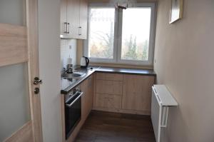 a small kitchen with a sink and a window at ESEN Apartamenty Akademicka in Białystok