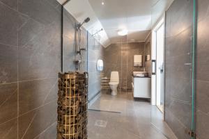 a bathroom with a shower with a toilet and a sink at Hotell Drottninggatan 11 in Boden