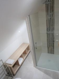 uma casa de banho com um chuveiro e uma cabina de duche em vidro. em Superbe appartement type T1 proche Strasbourg em Truchtersheim