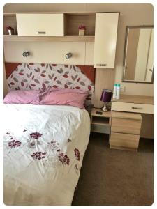 a bedroom with a bed and a mirror at Oakdene Forest Park Violet 1 in Saint Leonards