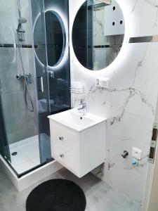 a bathroom with a shower and a sink and a mirror at Apartament Warsaw Old Town - Piwna Street in Warsaw