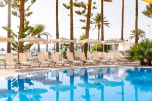 een zwembad met stoelen, parasols en palmbomen bij CM Playa del Moro in Cala Millor