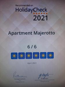 Certifikát, ocenenie alebo iný dokument vystavený v ubytovaní Majerotto