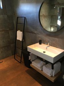 a bathroom with a sink and a mirror and towels at Woudmeer 1 in Dirkshorn +20 photos