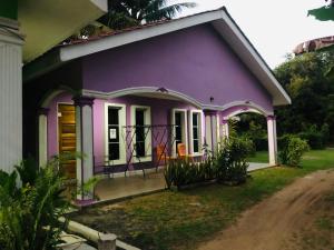 a purple house with a driveway at D'BERJAYA HOMESTAY & ROOMSTAY in Pantai Cenang