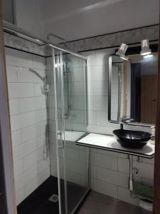 a bathroom with a sink and a glass shower at Loft CENTRO Con parking GRATIS y Azotea CHILLOUT GRATIS! in Talavera de la Reina