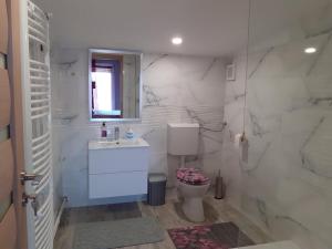 a white bathroom with a toilet and a sink at Banat Residence in Reşiţa
