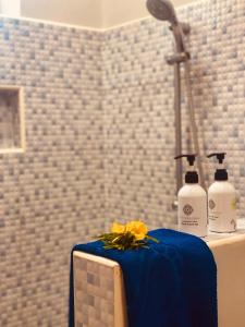 a bathroom with a blue table with two bottles of soap at Mambo Paradise in Matemwe