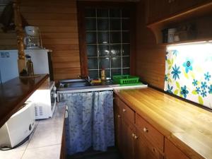 a kitchen with a sink and a counter top at Cabana La Bunici in Piatra Neamţ
