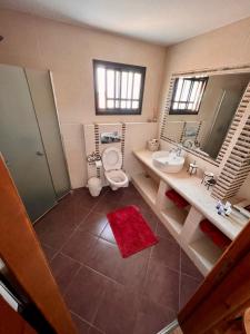 een badkamer met een toilet, een wastafel en een spiegel bij צימר תות in Qatzrin