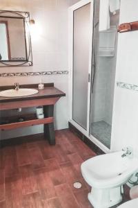 a bathroom with a sink and a shower and a toilet at Adegas do Pico in Prainha de Baixo