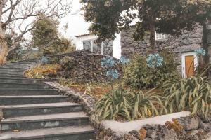 a house with a stone staircase in front of a house at Adegas do Pico in Prainha de Baixo