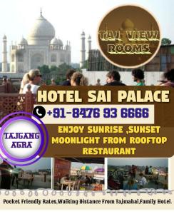 um folheto para um hotel sal palácio em frente a um edifício em Hotel Sai Palace Walking Distance From Taj Mahal--View of Taj Mahal em Agra