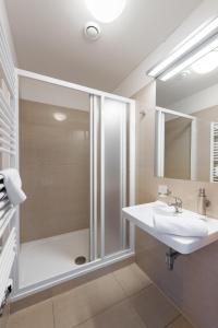 a bathroom with a shower and a sink at Apartmány Rokytka Snowhouse in Rokytnice nad Jizerou +48 photos