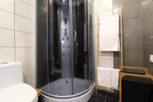 uma casa de banho com um chuveiro e um WC. em Janela Mar VIP em Ponta Delgada mais 37 fotografias