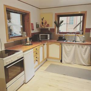 a kitchen with white appliances and wooden cabinets at The Crush in Ersfjordbotn