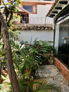 um jardim com plantas em frente a um edifício em Casa Central a 4 cuadras de la Plaza em Villa de Leyva