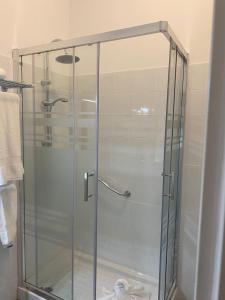 y baño con ducha y puerta de cristal. en Apartamentos La Aldea Suites, en San Nicolás