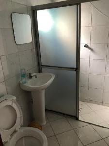 a bathroom with a shower and a toilet and a sink at casa praia em bombinhas in Bombinhas +23 photos