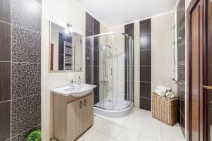 ein Bad mit einer Dusche, einem Waschbecken und einem WC in der Unterkunft ARI BLUE Apart în complexul Ared Kaufland in Arad