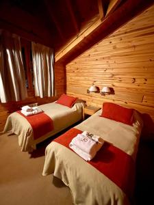 a bedroom with two beds in a log cabin at Apart Quillen 1 in San Martín de los Andes