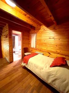 ein Schlafzimmer mit einem Bett in einer Holzhütte in der Unterkunft Apart Quillen 1 in San Martín de los Andes