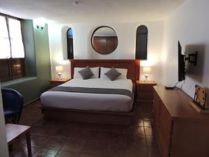 a bedroom with a large bed and a mirror at Hotel Casa Tequis San Luis Potosi in San Luis Potosí