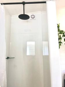 a shower with a glass door in a bathroom at Maclean River Front Tiny House - Clarence Valley Tiny Homes in Maclean