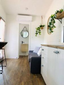 a living room with a couch and a table in it at Maclean River Front Tiny House - Clarence Valley Tiny Homes in Maclean
