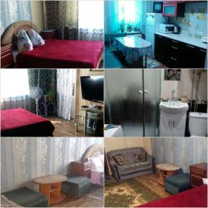 un collage de fotos de una habitación con cama y mesa en кв посуточно на заречном, en Alfërovo