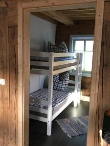 two bunk beds in a wooden cabin with a window at Ferienwohnung Kieslich in Habrachćicy