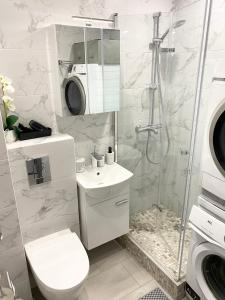y baño con ducha, aseo y lavamanos. en Studio flat in Panevezys en Panevėžys