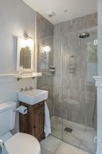 a bathroom with a shower and a toilet and a sink at The Nook at Henge Estate in Salisbury