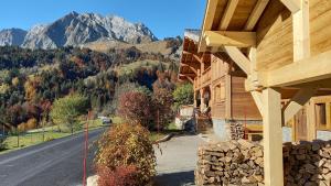 a wooden house with a view of a mountain at Chalet La Canopée in La Giettaz