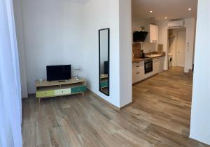 a living room with a wooden floor and a television at cekalauthymae in Borgo
