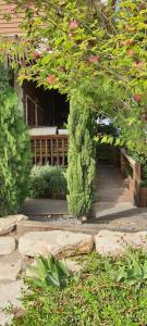 een tuin met een stenen loopbrug met een bank en bloemen bij The Butterflies Wood House in Reshafim