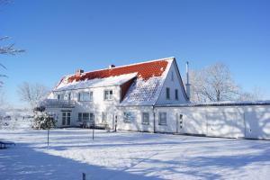 ThesenvitzにあるFerienwohnung-Kastanienblickの雪の赤い屋根の白い建物