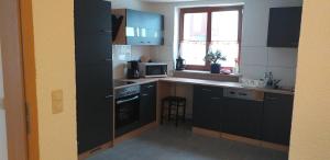 a small kitchen with a stove and a microwave at Ferienwohnung Fam.Lutz in Knittelsheim