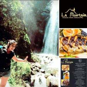 una mujer parada frente a una cascada en La Montaña Restaurante Mirador, en Patate
