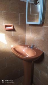 bagno con lavandino marrone e specchio di Casa de Temporada Serra da Canastra - São Roque de Minas a São Roque de Minas