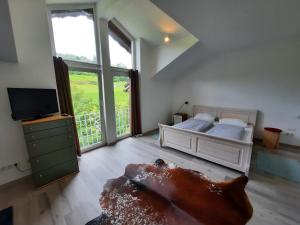a bedroom with a bed and a tv and window at Landhotel Albrecht in Missen-Wilhams +26 photos