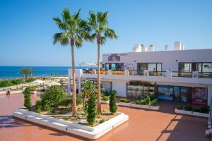 un bâtiment avec des palmiers en face de l'océan dans l'établissement Mamey, à San Juan de los Terreros