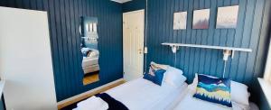 a bedroom with blue walls and a bed with pillows at Langahlid Cottages & Hot Tubs in Seyðisfjörður