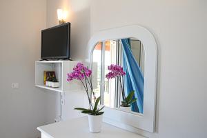 a mirror in a room with a vase with purple flowers at Teta's house sea view in Marathias