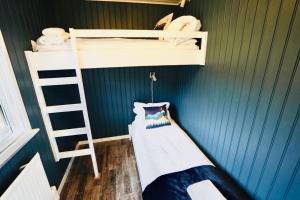 a room with two bunk beds and a ladder at Langahlid Cottages & Hot Tubs in Seyðisfjörður