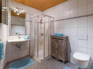 a bathroom with a shower and a sink and a toilet at Ferienwohnung Pacher in Hopfgarten im Brixental +8 photos